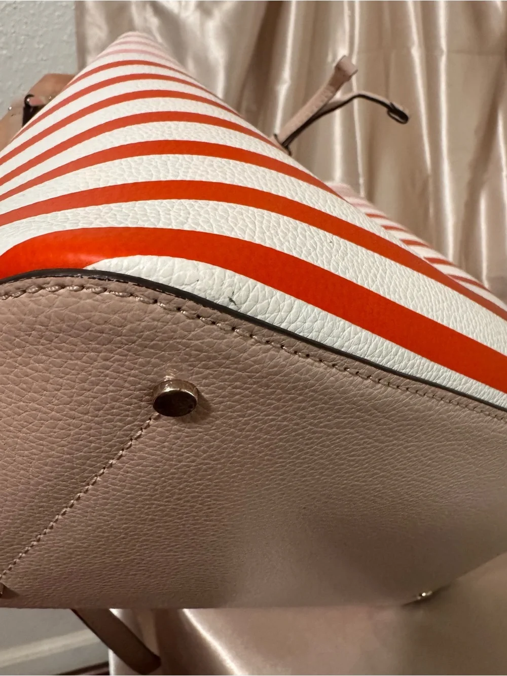 kate spade White, Pink & Red Striped Leather Drawstring Bucket Bag